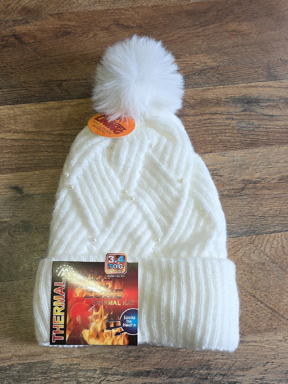 White Faux Fur Pom Beanie with Pearl Accents